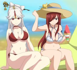 Rule 34 | 2girls, bare shoulders, beach, bikini, breasts, brown eyes, closed mouth, erza scarlet, fairy tail, food, genshin impact, hair ornament, hat, highres, ice cream, large breasts, long hair, multiple girls, ningguang (genshin impact), red bikini, red eyes, red hair, smile, swimsuit, trenganfinn29, voice actor connection, white bikini, white hair
