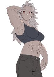 Rule 34 | 1girl, abs, absurdres, dorohedoro, earrings, highres, jewelry, kantoqyoiko, long hair, muscular, muscular female, noi (dorohedoro), red eyes, simple background, solo, sports bra