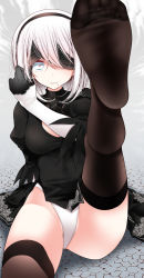 Rule 34 | 1girl, bad id, bad pixiv id, black dress, black hairband, black thighhighs, blindfold, blindfold lift, blue eyes, cleavage cutout, clothing cutout, commentary request, dress, feet, hairband, highres, leg up, leotard, long sleeves, mole, mole under mouth, nier:automata, nier (series), no shoes, oouso, sitting, soles, solo, teeth, thighhighs, toes, white hair, white leotard, 2b (nier:automata)