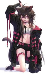 Rule 34 | 1girl, animal ears, bandeau, black footwear, black jacket, black shorts, breasts, brown hair, cat ears, cat girl, cat tail, dog tags, full body, highres, holding, holding sword, holding weapon, hood, hood down, hooded jacket, jacket, jewelry, katana, kneeling, long hair, looking at viewer, medium breasts, midriff, navel, necklace, off shoulder, open clothes, open jacket, original, oversized clothes, pouch, red eyes, red nails, routo (rot 0), short shorts, shorts, sleeves past wrists, smile, stomach, sword, tail, thigh pouch, tongue, tongue out, weapon, white bandeau