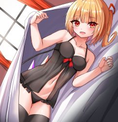 Rule 34 | 1girl, babydoll, black babydoll, black panties, black thighhighs, blonde hair, blush, commentary request, crystal, fang, flandre scarlet, highres, kiui (dagk8254), lying, medium hair, midriff, navel, on side, one side up, open mouth, panties, red eyes, solo, stomach, thighhighs, touhou, underwear, wings