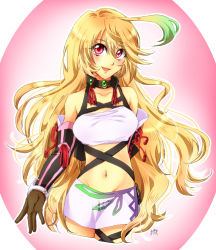 Rule 34 | 1girl, ahoge, bare shoulders, blonde hair, blush, breasts, choker, elbow gloves, gloves, midriff, milla maxwell, multicolored hair, navel, open mouth, pink eyes, skirt, tales of (series), tales of xillia