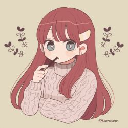 Rule 34 | 1girl, aran sweater, blue eyes, bright pupils, cable knit, commentary, cropped torso, crossed arms, eating, emma (kumaema), food, hair ornament, hairclip, highres, holding, holding food, long hair, long sleeves, original, pocky, red hair, sidelocks, solo, sweater, symbol-only commentary, twitter username, upper body, white pupils