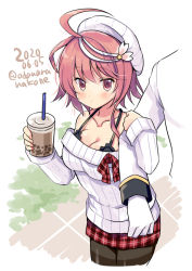 Rule 34 | 1girl, admiral (kancolle), ahoge, alternate costume, black bra, black pantyhose, blush, bra, breasts, cleavage, collarbone, dated, drink, drinking straw, gloves, hair between eyes, holding, i-58 (kancolle), kantai collection, long sleeves, medium breasts, military, military uniform, naval uniform, odawara hakone, off-shoulder sweater, off shoulder, one-hour drawing challenge, pantyhose, pink eyes, pink hair, plaid, plaid skirt, ribbed sweater, short hair, skirt, solo focus, sweater, twitter username, underwear, uniform, white gloves, white headwear, white sweater