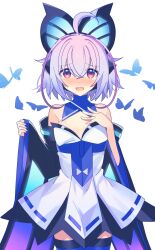 Rule 34 | 1girl, antenna hair, azure striker gunvolt, bare shoulders, blush, breasts, butterfly wings, collarbone, detached sleeves, hair between eyes, highres, insect wings, joule (gunvolt), lololotton, looking at viewer, medium breasts, oversized clothes, purple eyes, purple hair, short hair, small breasts, smile, solo, tears, thighhighs, wings