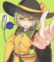 Rule 34 | 1girl, absurdres, arm up, black hat, blouse, blush, bow, breasts, bright pupils, buttons, commentary request, diamond button, eyeball, eyelashes, feet out of frame, frilled shirt collar, frilled sleeves, frills, green background, green skirt, hair between eyes, hand on own hip, hat, hat bow, hat ribbon, heart, heart of string, highres, komeiji koishi, long sleeves, looking at viewer, lower teeth only, open mouth, outstretched arm, reaching, reaching towards viewer, ribbon, senzaicha kasukadoki, shirt, short hair, simple background, skirt, small breasts, solo, standing, teeth, third eye, tongue, touhou, white pupils, wide sleeves, yellow bow, yellow ribbon, yellow shirt