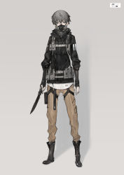Rule 34 | ambiguous gender, androgynous, black footwear, boots, dagger, full body, gas mask, gender request, grey background, grey eyes, grey hair, hair between eyes, holding, holding weapon, jacket, knife, load bearing equipment, looking at viewer, mask, neco, original, pants, short hair, simple background, solo, standing, weapon