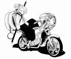 Rule 34 | 1girl, acky bright, blowing bubbles, chewing gum, greyscale, hair ornament, highres, katana, loafers, long skirt, long sleeves, monochrome, motor vehicle, neckerchief, numbered, original, oversized object, scabbard, school uniform, scooter, serafuku, sheath, shoes, side ponytail, simple background, skirt, skull hair ornament, solo, sticker, suzuki (company), sword, toy, weapon, white background, yo-yo
