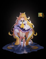 Rule 34 | 1girl, animal ears, bare legs, barefoot, black background, black dress, blonde hair, blue eyes, blush, clothing cutout, de yi, dress, frilled dress, frills, full body, hair between eyes, highres, layered dress, long hair, long sleeves, looking at viewer, monster girl, original, parted lips, photo inset, reference inset, scylla, shell hair ornament, sidelocks, sleeves past wrists, solo, standing, star-shaped pupils, star (symbol), symbol-shaped pupils, tentacles, thighs, translation request, very long hair, wading, water, white dress, wide sleeves