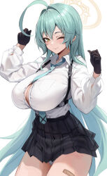 Rule 34 | 1girl, ahoge, aqua hair, aqua necktie, arms up, bandaid on thigh, between breasts, black gloves, blue archive, blush, breasts, chest harness, cleavage, clenched hands, gloves, halo, harness, highres, huge ahoge, large breasts, long hair, looking at viewer, miniskirt, necktie, necktie between breasts, one eye closed, panties, partially unbuttoned, pleated skirt, shirt, skirt, smile, solo, stone (ksorede), underwear, white panties, white shirt, yellow eyes, yume (blue archive)