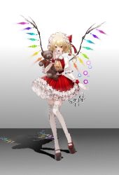 Rule 34 | 1girl, ascot, blonde hair, crystal wings, fang, flandre scarlet, frills, full body, hair ribbon, hat, koniro999, mob cap, open mouth, pointy ears, puffy short sleeves, puffy sleeves, red eyes, red ribbon, ribbon, shadow, short sleeves, signature, simple background, solo, stuffed animal, stuffed toy, tachi-e, teddy bear, touhou, white background, yellow ascot