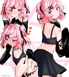 Rule 34 | 1girl, absurdres, artist name, black nails, black skirt, blush, breasts, detached sleeves, doki doki literature club, eclipxare, fishnets, full-face blush, goth fashion, hairband, hands on own face, heart, highres, holding hands, jewelry, makeup, multiple views, nail polish, natsuki (doki doki literature club), off-shoulder shirt, off shoulder, pink hair, red eyes, ring, shirt, short hair, shoulder plates, skirt, small breasts, tank top, twintails, white background