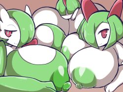 Rule 34 | 3girls, arm up, breasts, brown background, creatures (company), female focus, game freak, gardevoir, gen 3 pokemon, gigantic breasts, green hair, hair over eyes, hair over one eye, half-closed eyes, hand on own chest, hand up, kirlia, looking at viewer, looking away, looking to the side, multiple girls, nintendo, nipples, petronoise, pokemon, pokemon (creature), pokemon rse, ralts, red eyes, short hair, simple background, smile, upper body
