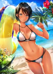 Rule 34 | 1girl, absurdres, arm up, armpits, bare legs, bare shoulders, beach, bikini, black hair, blue eyes, blue sky, breasts, cleavage, cloud, collarbone, contrapposto, cowboy shot, day, ear piercing, fingernails, flower, food, groin, halterneck, hand up, hibiscus, highres, hitaki yuu, holding, holding food, innertube, jewelry, legs, long fingernails, looking at viewer, medium breasts, multi-strapped bikini, navel, necklace, ocean, one-piece tan, original, outdoors, palm tree, parted lips, piercing, popsicle, red flower, sand, short hair, skindentation, sky, solo, sports bikini, standing, stomach, swept bangs, swim ring, swimsuit, tan, tanline, teeth, tree, tree shade, water, wet, wristband