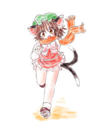 Rule 34 | 1girl, animal ears, bare legs, bow, bowtie, brown eyes, brown hair, cat ears, cat tail, chen, commentary request, dress, fang, forked tail, frills, full body, green hat, hat, juliet sleeves, long sleeves, miniskirt, mob cap, nekomata, open mouth, orange scarf, petticoat, puffy sleeves, red dress, running, scarf, short hair, si geru3, simple background, skirt, slit pupils, solo, tail, touhou, white background, white bow, white bowtie
