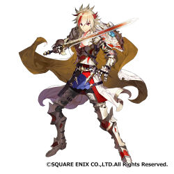 Rule 34 | 1boy, armor, blonde hair, breastplate, brown cape, cape, closed mouth, fantasy earth genesis, fighting stance, full body, gaou (umaiyo puyoman), gauntlets, holding, holding sword, holding weapon, legs apart, looking at viewer, male focus, armored boots, multicolored hair, official art, pauldrons, red eyes, shoulder armor, simple background, smile, solo, standing, streaked hair, sword, watermark, weapon, white background