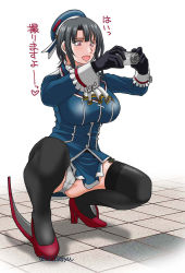 Rule 34 | 1girl, beret, black gloves, black hair, black thighhighs, blue hat, breasts, camera, chiba shuusaku, commentary request, garter straps, gloves, hat, kantai collection, large breasts, military, military uniform, miniskirt, panties, pantyhose, pantyshot, red eyes, red footwear, rudder footwear, short hair, simple background, skirt, solo, squatting, takao (kancolle), thighhighs, tile floor, tiles, translation request, underwear, uniform, white background, white panties