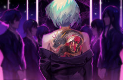 Rule 34 | 6+boys, bare shoulders, dragon tattoo, formal, from behind, gunmetalrose, highres, jacket, lio fotia, long hair, long sleeves, multiple boys, off shoulder, promare, purple jacket, short hair, solo focus, standing, tattoo, upper body, v arms