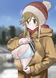 1girl, blue sky, blurry, blurry background, blush, bra, breasts, breasts outside, brown jacket, character request, closed mouth, copyright request, eyebrows visible through hair, green eyes, hair between eyes, hat, highres, hood, hood down, hooded jacket, inuyama aoi, jacket, jikatarou, lifted by self, long hair, navel, outdoors, skindentation, sky, solo, steam, steaming body, striped, sweat, tree, underwear, white bra, winter clothes, yurucamp