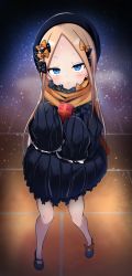 Rule 34 | 1girl, abigail williams (fate), black bow, black dress, black footwear, black hat, blonde hair, blue eyes, blush, bow, box, closed mouth, dress, fate/grand order, fate (series), full body, gift, gift box, hair bow, hat, highres, long hair, long sleeves, looking at viewer, orange bow, orange scarf, parted bangs, polka dot, polka dot bow, scarf, shiki (catbox230123), sleeves past fingers, sleeves past wrists, smile, solo, standing, very long hair