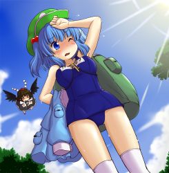 Rule 34 | + +, 2girls, alternate costume, backpack, bag, bird wings, black hair, blouse, blue eyes, blue hair, blue sky, breasts, camera, cloud, day, dress, unworn dress, dutch angle, facing away, flying, hair bobbles, hair ornament, hand on own head, hat, holding, holding clothes, kawashiro nitori, key, lens flare, medium breasts, multiple girls, one-piece swimsuit, one eye closed, open mouth, over-kneehighs, pom pom (clothes), school swimsuit, shameimaru aya, shirt, short hair, skirt, sky, smirk, sparkling eyes, sweat, swimsuit, tanasuke, thighhighs, tokin hat, touhou, tree, twintails, two side up, wings