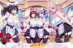 Rule 34 | 4girls, apron, black hair, blue eyes, blue hair, brown eyes, brown hair, chair, comic, commission, copyright request, flower, food, glass, kickstarter, lipstick, looking at viewer, maid, maid apron, maid cafe, maid headdress, makeup, multiple girls, outstretched hand, pink hair, ponytail, purple eyes, rose, smile, table, thighhighs, xong
