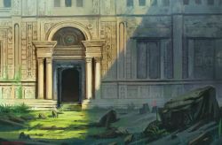 Rule 34 | architecture, bad id, bad pixiv id, building, commentary request, day, doorway, grass, miso katsu, no humans, original, outdoors, plant, rock, scenery, stairs, sunlight