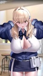 Rule 34 | 1girl, animated, belt pouch, blonde hair, blue bow, blue bowtie, blue jacket, blush, bouncing breasts, bow, bowtie, breasts, brown eyes, button gap, cleavage, collared shirt, goddess of victory: nikke, hair ornament, houriigurei, interior, jacket, large breasts, live2d, long hair, looking at viewer, off-shoulder jacket, off shoulder, pencil skirt, pouch, puffy sleeves, shirt, skirt, sleeves past wrists, solo, sound, tagme, tia (nikke), unbuttoned, unbuttoned shirt, video, white shirt