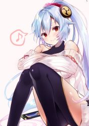 Rule 34 | 1girl, bare shoulders, blue hair, blush, cellphone, collarbone, commentary request, fate/grand order, fate (series), feet out of frame, felnemo, gradient hair, hair between eyes, hair ornament, hair scrunchie, highres, knees together feet apart, knees up, long hair, long sleeves, looking at viewer, multicolored hair, musical note, off-shoulder sweater, off shoulder, phone, ponytail, red eyes, ribbed sweater, scrunchie, silver hair, sitting, smartphone, smile, solo, spoken musical note, sweater, thighs, tomoe gozen (fate), very long hair