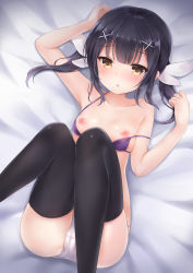 Rule 34 | 1girl, arm up, bare arms, bare shoulders, bed sheet, black hair, black thighhighs, blush, bra, bra pull, breasts, brown eyes, clothes pull, collarbone, commentary request, fate/kaleid liner prisma illya, fate (series), hair ornament, hand up, knees up, long hair, looking at viewer, lying, miyu edelfelt, nikoo, nipples, on back, panties, parted lips, purple bra, small breasts, solo, thighhighs, twintails, underwear, underwear only, white panties, x hair ornament