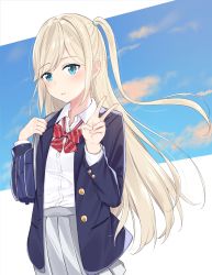 Rule 34 | 1girl, bag, black jacket, blazer, blonde hair, blue eyes, blue sky, blush, bow, bowtie, cloud, collared shirt, day, dress shirt, grey skirt, highres, jacket, long hair, long sleeves, looking at viewer, mirai (mirai76 ), one side up, open clothes, open jacket, original, outside border, pleated skirt, red bow, red bowtie, school bag, school uniform, shirt, shirt tucked in, skirt, sky, solo, striped bow, striped bowtie, striped clothes, striped neckwear, swept bangs, tareme, upper body, v, very long hair, white shirt, wing collar