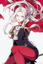 Rule 34 | 1girl, black jacket, cape, chinese commentary, commentary request, edelgard von hresvelg, fire emblem, fire emblem: three houses, floating hair, forehead, garreg mach monastery uniform, gloves, grey background, grey eyes, hand up, highres, jacket, kagari6496, long hair, long sleeves, looking at viewer, nintendo, pantyhose, parted lips, red cape, red pantyhose, silver hair, simple background, solo, thighs, weibo username, white gloves