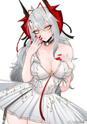 Rule 34 | 1girl, alternate costume, arknights, arm up, ballerina, ballet, ballet dress, bare shoulders, blush, breasts, cleavage, collarbone, dragon horns, dress, feet out of frame, highres, horns, large breasts, long hair, looking at viewer, open mouth, orange eyes, parted lips, red horns, simple background, solo, standing, twitter username, w (arknights), white background, white dress, white hair, wuwuwu (kriswu555)