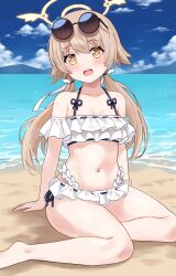 Rule 34 | beach, bikini, blue archive, blue sky, blush, brown hair, cloud, day, eyewear on head, frilled bikini, frills, halo, hifumi (blue archive), hifumi (swimsuit) (blue archive), highres, long hair, looking at viewer, low twintails, memmemme, navel, ocean, official alternate costume, open mouth, outdoors, round eyewear, sand, sitting, sky, swimsuit, teeth, twintails, upper teeth only, white bikini, yellow eyes