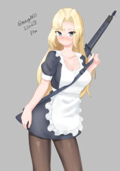 Rule 34 | 1girl, absurdres, alternate costume, apron, between breasts, black dress, black pantyhose, blonde hair, breasts, collarbone, cowboy shot, dated, dress, enmaided, frilled apron, frills, grey background, grey eyes, gun, highres, hornet (kancolle), kantai collection, large breasts, long hair, looking at viewer, maid, maru (marg0613), pantyhose, rifle, solo, standing, strap between breasts, twitter username, weapon, white apron