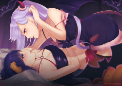 Rule 34 | 2girls, bare shoulders, bat (animal), black dress, black gloves, blush, breasts, cleavage, commentary, crop top, crossover, demon girl, demon horns, demon tail, demon wings, dress, from side, gabriel dropout, girl on top, gloves, halloween, horns, light purple hair, long hair, looking at another, lying, medium breasts, medium hair, midriff, multiple girls, navel, new game!, o-ring, o-ring top, on back, pumpkin, purple eyes, purple hair, small breasts, suzukaze aoba, tail, very long hair, vignette tsukinose april, watermark, web address, wings, yuri, zeri (zeristudio)