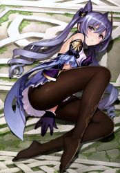 Rule 34 | 1girl, absurdres, bare shoulders, blush, breasts, brown pantyhose, dress, frilled gloves, frills, genshin impact, gloves, hair ornament, highres, keqing (genshin impact), legs, long hair, looking at viewer, lying, medium breasts, on side, pantyhose, parted lips, purple dress, purple eyes, purple gloves, purple hair, scan, shiny clothes, short dress, simple background, sleeveless, tony taka, twintails, white background