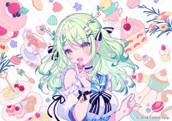 Rule 34 | 1girl, :d, antlers, apple earrings, bare shoulders, blush, breasts, cake, ceres fauna, cherry, choker, cookie, cup, dress, earrings, flower, food, food-themed earrings, food themed earrings, fruit, green hair, green nails, hair flower, hair ornament, hair ribbon, hands up, highres, holding, holding food, hololive, hololive english, horns, jewelry, large breasts, long hair, looking at viewer, macaron, mole, mole under eye, nail polish, open mouth, raspberry, ribbon, smile, solo, strawberry shortcake, sweets, tatejima uri, teacup, teapot, upper body, virtual youtuber, x hair ornament, yellow eyes