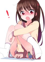 Rule 34 | !, 1boy, 1girl, all fours, bad id, bad twitter id, blush, brown hair, covering privates, covering crotch, embarrassed, feet, fuyuno mikan, highres, knees together feet apart, leg lift, legs, long hair, mini person, miniboy, no shoes, open mouth, original, panties, panty peek, red eyes, school uniform, serafuku, shirt, shorts, sitting, skirt, skirt tug, socks, twintails, two side up, underwear, white panties