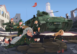 Rule 34 | 5.56x45mm nato, 5girls, :d, aiming, ammunition, ammunition belt, ammunition box, armband, barbed wire, belt-fed, beret, black bra, black footwear, black legwear, black shorts, blonde hair, blue sky, boots, bra, braid, breasts, building, bundeswehr schwarzes kreuz, camouflage, can, carbine cartridge, caterpillar tracks, cleavage, closed mouth, commentary request, criss-cross halter, cross, day, dmr cartridge, drink can, finger on trigger, flag, french braid, g28 (girls&#039; frontline), g36 (girls&#039; frontline), g36c (girls&#039; frontline), g3 (girls&#039; frontline), garter straps, german flag, girls&#039; frontline, gloves, gradient hair, green eyes, green hair, green hat, green skirt, gun, h&amp;k mg4, hair ornament, hair over one eye, hairband, hairclip, halterneck, hat, headset, holding, holding gun, holding weapon, holster, intermediate cartridge, iron cross, knee boots, leopard 2, light machine gun, lmg cartridge, lolita hairband, long hair, long sleeves, looking ahead, looking at viewer, looking away, looking to the side, low-tied long hair, lying, m27 link, machine gun, maid headdress, marder ifv, medium breasts, mg4 (girls&#039; frontline), military, military hat, military uniform, military vehicle, motor vehicle, multicolored hair, multiple girls, on one knee, on stomach, open mouth, outdoors, parted bangs, parted lips, partially unzipped, pleated skirt, profile, purple eyes, red eyes, red hat, rifle, rifle cartridge, sandbag, scenery, shadow, shell casing, shoes, short ponytail, shorts, side braid, side ponytail, silver hair, sima naoteng, single braid, sitting, skirt, sky, smile, sniper rifle, soda can, standing, steeple, sunlight, tank, thigh holster, thighhighs, tower, underwear, uniform, unzipped, vehicle request, very long hair, walking, weapon, weapon request, white gloves, yellow eyes