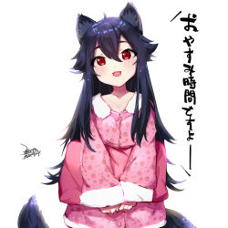 Rule 34 | 1girl, :d, animal ears, black hair, commentary request, ejami, ekko (ejami), food print, fox ears, fox girl, fox tail, holding, holding pillow, long hair, long sleeves, looking at viewer, open mouth, original, pajamas, pillow, pink pajamas, red eyes, smile, solo, strawberry print, tail, translated