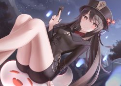 Rule 34 | 1girl, bare legs, between fingers, black hat, black nails, black shorts, blue fire, blush, brown hair, closed mouth, feet out of frame, fire, flower, flower-shaped pupils, genshin impact, ghost, hat, hat flower, highres, holding, hu tao (genshin impact), jewelry, long hair, long sleeves, looking at viewer, marinesnow, multiple rings, nail polish, night, night sky, outdoors, red eyes, red flower, ring, short shorts, shorts, sitting, sky, smile, solo, symbol-shaped pupils, tassel, thighs, thumb ring, twintails, very long hair