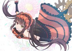 1girl black_dress black_footwear black_hairband black_sleeves boots breasts brown_eyes brown_hair date_a_live detached_sleeves dress floral_background gears grin hairband heterochromia lolita_fashion lolita_hairband long_hair looking_at_viewer medium_breasts red_dress red_eyes red_hairband riluly sleeveless sleeveless_dress smile solo tokisaki_kurumi twintails two-tone_dress two-tone_hairband