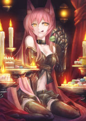Rule 34 | 1girl, :q, a-er (akkij0358), a nanji (akkij0358), animal ears, bare shoulders, cake, candle, candlestand, cat ears, claws, food, highres, holding, long hair, midriff, original, pink hair, sitting, solo, stomach, sweets, thighhighs, tongue, tongue out, very long hair, wariza