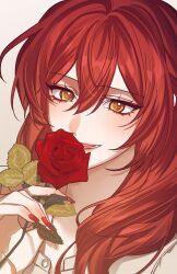 Rule 34 | 1girl, :d, commentary, flower, highres, himeko (honkai: star rail), holding, holding flower, honkai: star rail, honkai (series), long hair, nail polish, omegiricecake, open mouth, red flower, red hair, red nails, red rose, rose, smile, solo, symbol-only commentary, yellow eyes