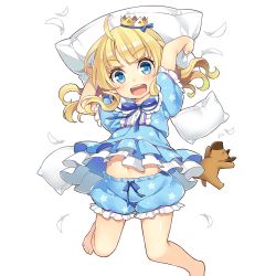 Rule 34 | 1girl, :d, aged down, amelie mcgregor, barefoot, blonde hair, bloomers, blue eyes, braid, carrying overhead, child, crown, dog, feathers, floating hair, french braid, holding, holding pillow, long hair, looking at viewer, mmu, navel, official art, open mouth, pajamas, pillow, round teeth, smile, solo, star (symbol), star print, teeth, transparent background, uchi no hime-sama ga ichiban kawaii, underwear, wavy hair