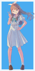 1girl ;p alternate_hairstyle aqua_neckerchief blue_background blue_dress border breast_pocket brown_footwear brown_hair closed_mouth commentary_request dress fujishima_megumi full_body half_updo hand_on_own_hip hand_up hasu_no_sora_school_uniform highres link!_like!_love_live! loafers long_hair looking_at_viewer love_live! macken666 medium_dress neckerchief one_eye_closed outside_border pleated_dress pocket puffy_short_sleeves puffy_sleeves purple_eyes sailor_collar sailor_dress school_uniform shoes short_sleeves smile socks solo split_mouth standing summer_uniform tongue tongue_out v v-shaped_eyebrows virtual_youtuber white_border white_sailor_collar white_socks