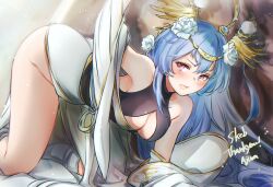 Rule 34 | 1girl, absurdres, ajino g10a, arm up, bare legs, black undershirt, blue hair, blush, breast cutout, commission, commissioner upload, detached sleeves, dress, flower, hair ornament, highres, leaning forward, light particles, light rays, long hair, mu xiaokui (phantom blade), mu xiaokui (the first rainbow) (phantom blade), non-web source, open mouth, phantom blade (game), red eyes, rose, sash, shirt, skeb commission, thighs, upper body, white dress, white flower, white rose