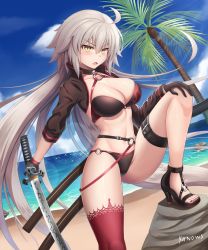 Rule 34 | 1girl, absurdres, ahoge, artist name, beach, belt, bikini, black belt, black bikini, black collar, black footwear, black gloves, black sleeves, blush, breasts, choker, cleavage, collar, day, fate/grand order, fate (series), gloves, hair between eyes, halterneck, halterneck, hand on own knee, high heels, highres, holding, holding sword, holding weapon, jeanne d&#039;arc alter (swimsuit berserker) (fate), jeanne d&#039;arc (fate), jeanne d&#039;arc alter (fate), jeanne d&#039;arc alter (swimsuit berserker) (fate), katana, large breasts, lens flare, long hair, long sleeves, looking at viewer, nail polish, navel, o-ring, o-ring bikini, o-ring bottom, o-ring footwear, o-ring top, ocean, open mouth, outdoors, palm tree, red nails, red thighhighs, sandals, sheath, shrug (clothing), silver hair, single thighhigh, sky, solo, stomach, swimsuit, sword, thigh strap, thighhighs, toenail polish, toenails, tree, v-shaped eyebrows, very long hair, weapon, yanows, yellow eyes