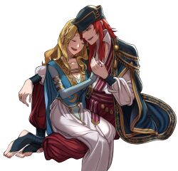 Rule 34 | 1boy, 1girl, absurdres, arm around back, blonde hair, blue dress, breasts, cleavage, closed eyes, couple, dress, ebinku, fire emblem, fire emblem: the sacred stones, hetero, highres, holding hands, jewelry, joshua (fire emblem), long hair, medium breasts, natasha (fire emblem), nintendo, red hair, ring, sitting, sitting on lap, sitting on person, wedding ring